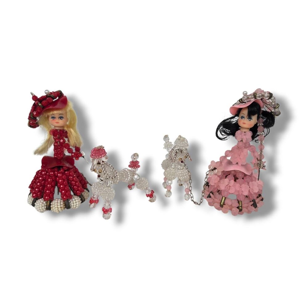 Vintage Safety Pin Beaded Poodle Girl with Parasol 1950s Handmade Craft Red Pink